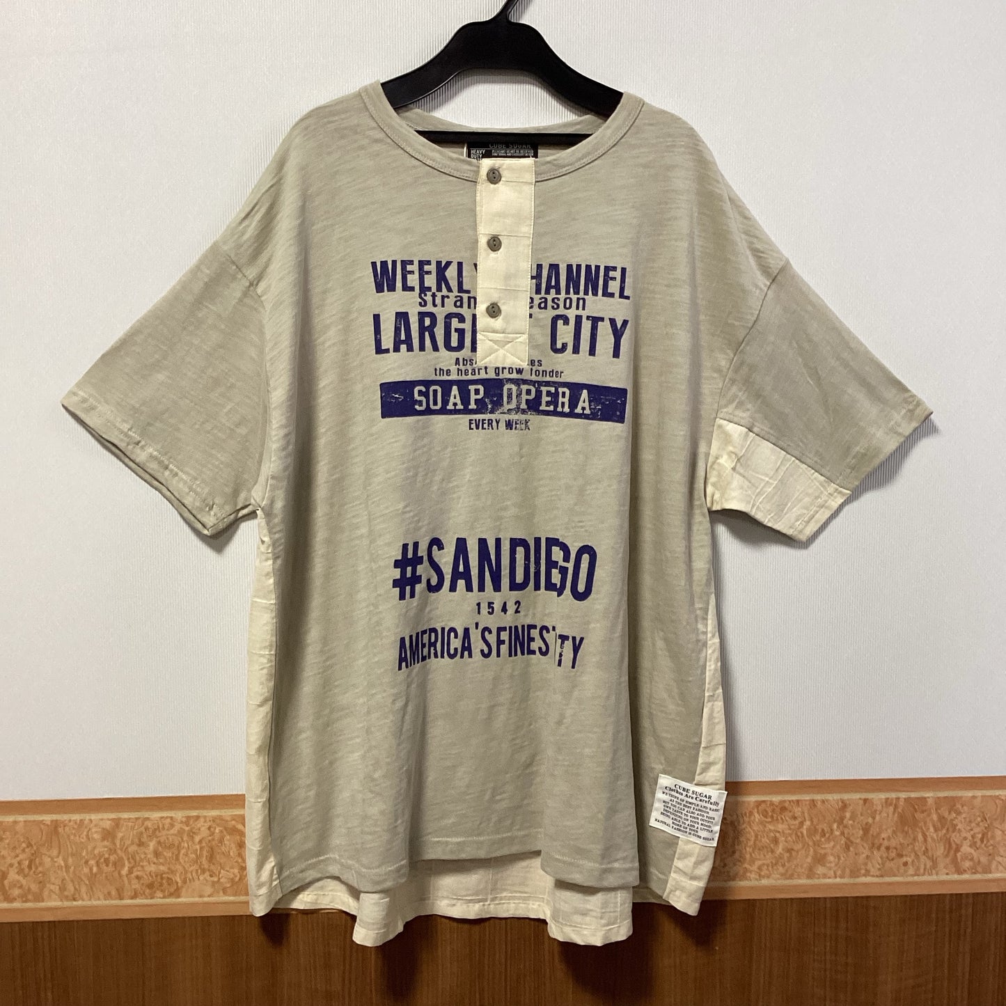 CUBE SUGAR 切替デザインロゴプリント六部袖Tシャツ